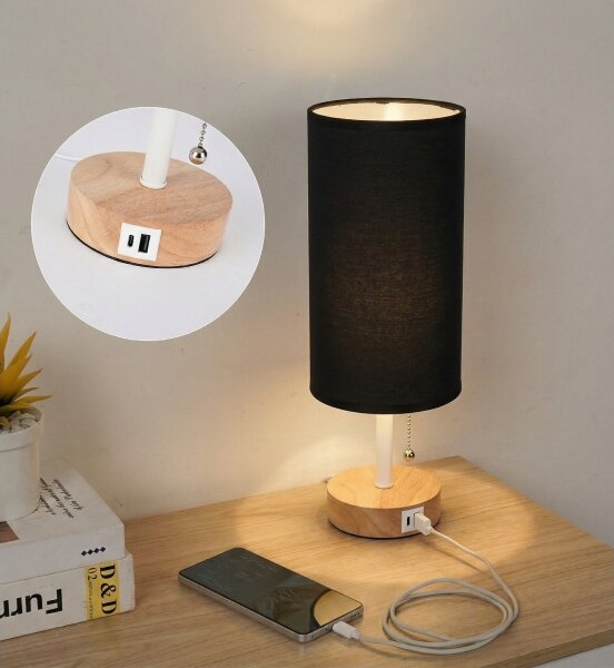Brilagi - Lampă de masă TABLON cu port USB, 1xE27/25W/230V, stejar/alb/negru