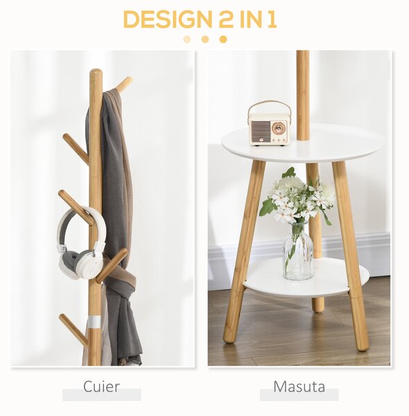 HOMCOM Set Cuier și Măsuță de Cafea Rotundă, pentru Hol, din MDF și Aluminiu, 39,5x39,5x171 cm, Culoare Lemn și Alb | Aosom Romania
