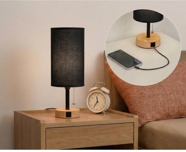 Brilagi - Lampă de birou TABLON cu port USB 1xE27/25W/230V stejar/negru