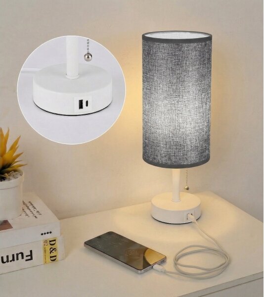 Brilagi - Lampă de masă cu port USB TABLON 1xE27/25W/230V alb/gri