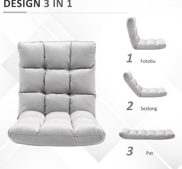 HOMCOM Fotoliu Podea Gri Confortabil cu Spătar Reglabil 180° și Căptușeală Groasă pentru Relaxare | Aosom Romania