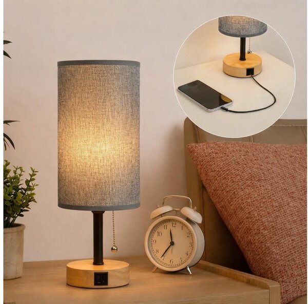 Brilagi - Lampă de masă cu port USB TABLON 1xE27/25W/230V stejar/negru/gri