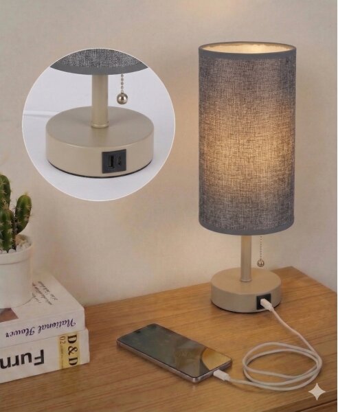Brilagi - Lampă de masă TABLON cu port USB 1xE27/25W/230V bej/gri