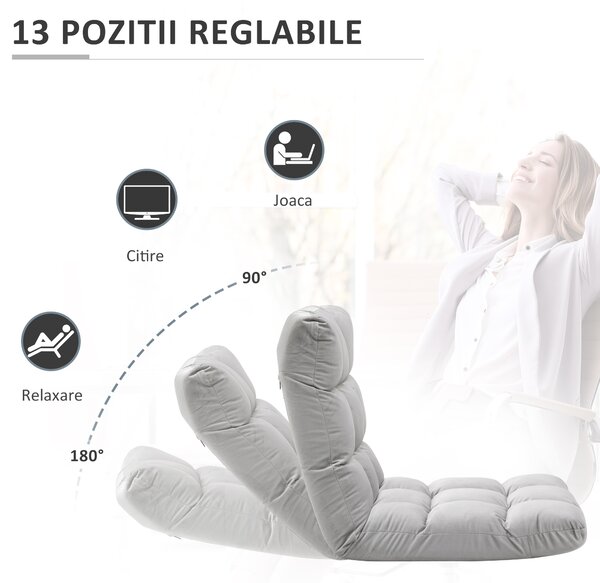 HOMCOM Fotoliu Podea Gri Confortabil cu Spătar Reglabil 180° și Căptușeală Groasă pentru Relaxare | Aosom Romania