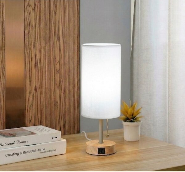 Brilagi - Lampă de masă TABLON cu port USB 1xE27/25W/230V stejar/bej/alb