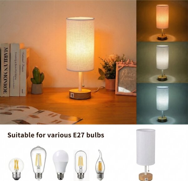 Brilagi - Lampă de masă TABLON cu port USB 1xE27/25W/230V stejar/alb