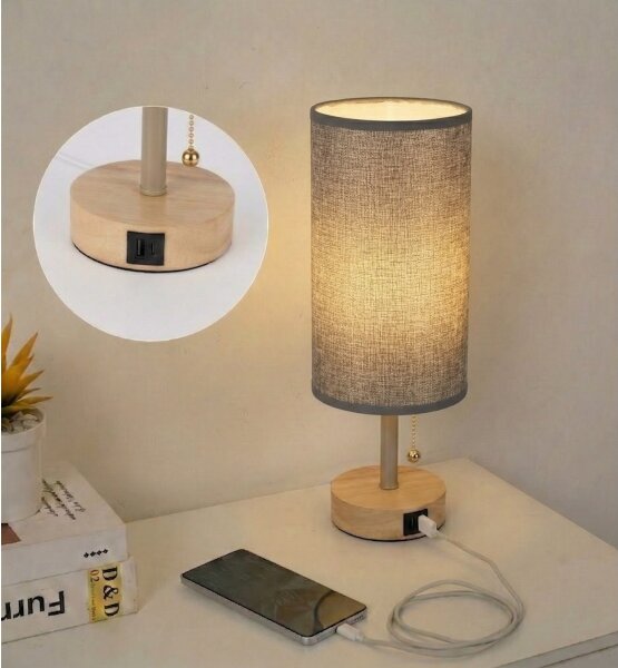 Brilagi - Lampă de masă TABLON cu port USB, 1xE27/25W/230V, stejar/bej/gri