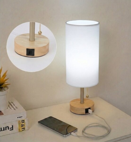 Brilagi - Lampă de masă TABLON cu port USB 1xE27/25W/230V stejar/bej/alb