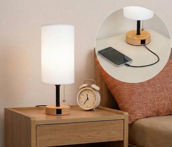 Brilagi - Lampă de masă cu port USB TABLON 1xE27/25W/230V stejar/negru/alb