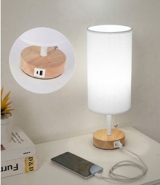 Brilagi - Lampă de masă TABLON cu port USB 1xE27/25W/230V stejar/alb
