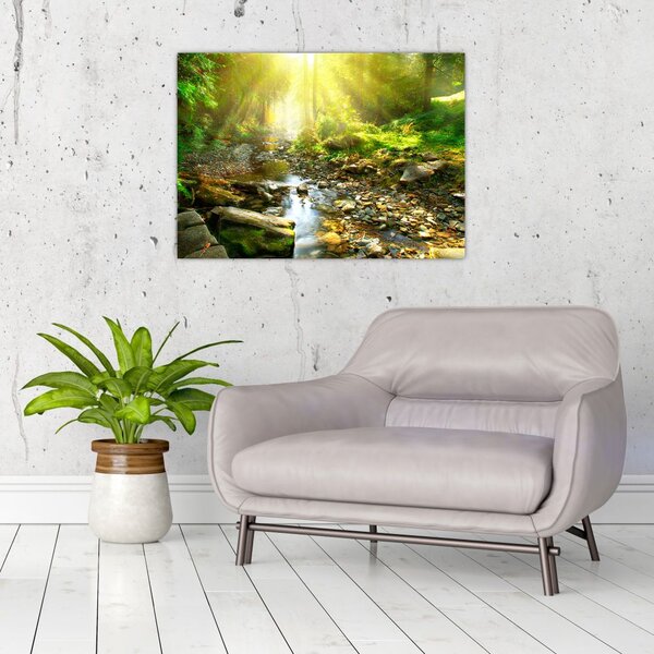 Tablou pe sticlă cu râul în pădurea verde (70x50 cm)