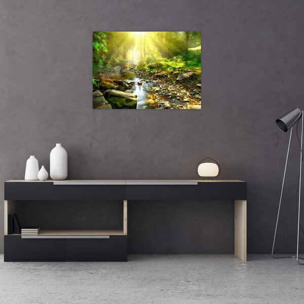 Tablou pe sticlă cu râul în pădurea verde (70x50 cm)