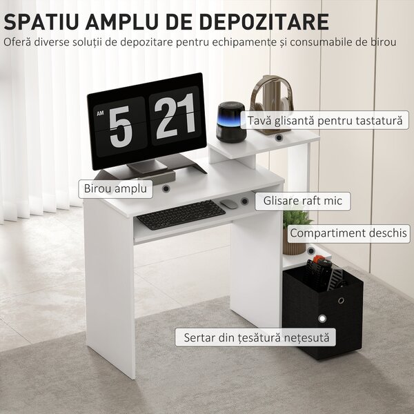 HOMCOM Birou modern pentru PC, birou pentru computer cu raft pentru tastatura, raft si spatiu de depozitare din material, 100x40x86.6cm, alb si negru