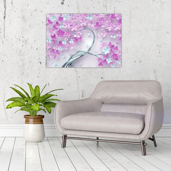 Tablouri cu flori pe trunchi argintiu - abstract (70x50 cm)