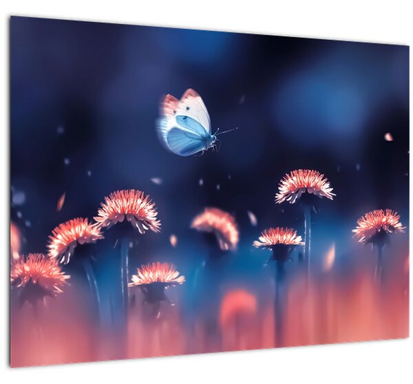 Tablou pe sticlă cu păpădii cu fluture albastru (70x50 cm)