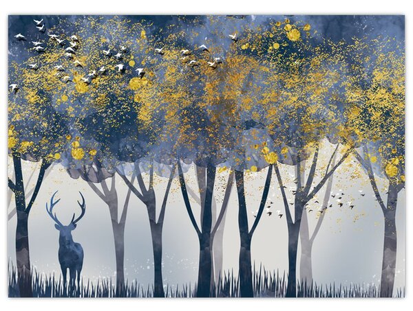 Tablou pe sticlă cerbul în pădure (70x50 cm)