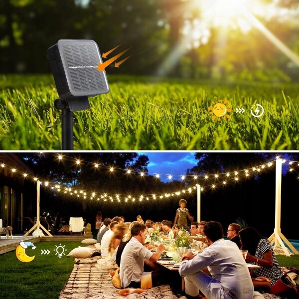 Ghirlandă solară decorativă cu 30 LED, 8 funcții, acumulator 500 mAh, 10,6 m, IP67, alb cald