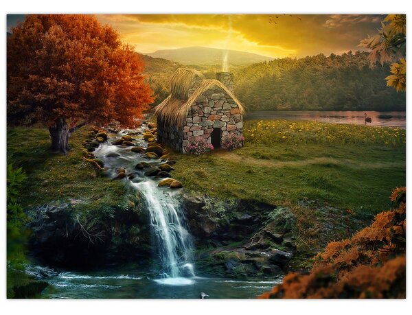 Tablou cu căbănuță în peisaj de poveste (70x50 cm)