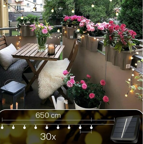 Ghirlandă solară decorativă cu 30 LED, 8 funcții, 500 mAh, 6,5 m, IP67, alb cald