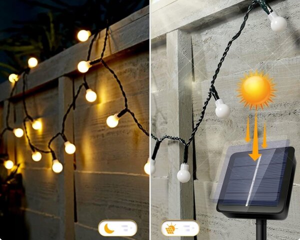 Ghirlandă solară decorativă cu 30 LED, 8 funcții, 500 mAh, 6,5 m, IP67, alb cald