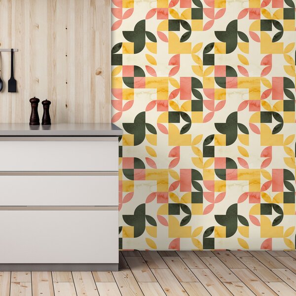 Tapet - Model geometric retro în verde-galben