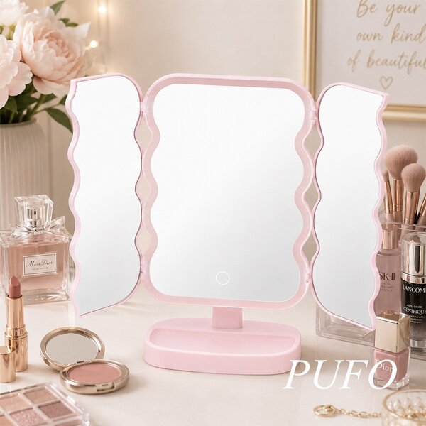 Oglinda de make-up iluminata cu intensitate reglabila, oglinda cosmetica pliabila cu doua panouri laterale, ideala pentru machiaj, ingrijire ten si beauty routine, roz