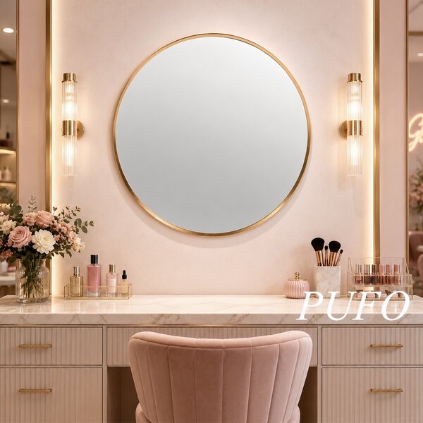Oglinda eleganta de perete rotunda Pufo Glam cu rama decorativa, oglinda minimalista pentru baie, hol, dormitor, living sau dressing, Ø 50 cm, auriu