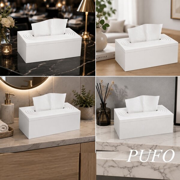 Cutie decorativa Pufo White din lemn pentru servetele, 25 x 14 cm, alb