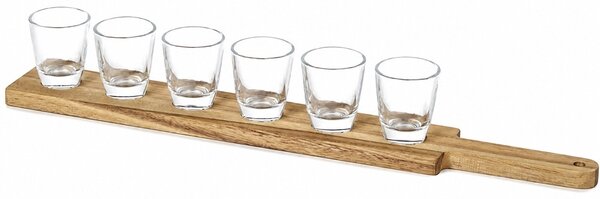Set 6 pahare pentru shoturi 30 ml Pufo Drink cu suport din lemn de acacia, tava servire tip paddle pentru degustari, lichior, tuica, tequila, whiskey si bauturi spirtoase