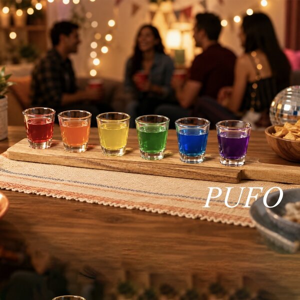 Set 6 pahare pentru shoturi 30 ml Pufo Drink cu suport din lemn de acacia, tava servire tip paddle pentru degustari, lichior, tuica, tequila, whiskey si bauturi spirtoase