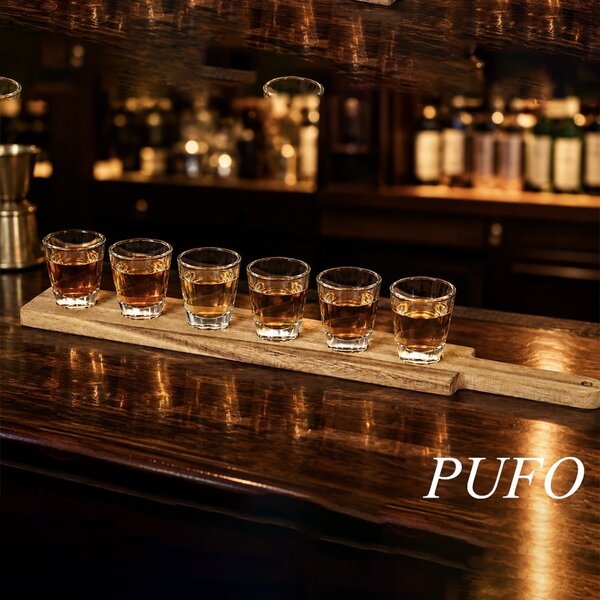 Set 6 pahare pentru shoturi 30 ml Pufo Drink cu suport din lemn de acacia, tava servire tip paddle pentru degustari, lichior, tuica, tequila, whiskey si bauturi spirtoase
