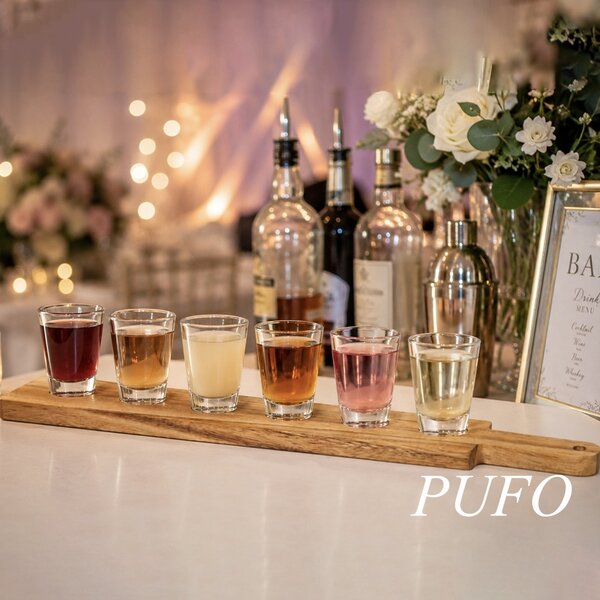 Set 6 pahare pentru shoturi 30 ml Pufo Drink cu suport din lemn de acacia, tava servire tip paddle pentru degustari, lichior, tuica, tequila, whiskey si bauturi spirtoase