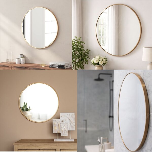 Oglinda eleganta de perete rotunda Pufo Glam cu rama decorativa, oglinda minimalista pentru baie, hol, dormitor, living sau dressing, Ø 50 cm, auriu