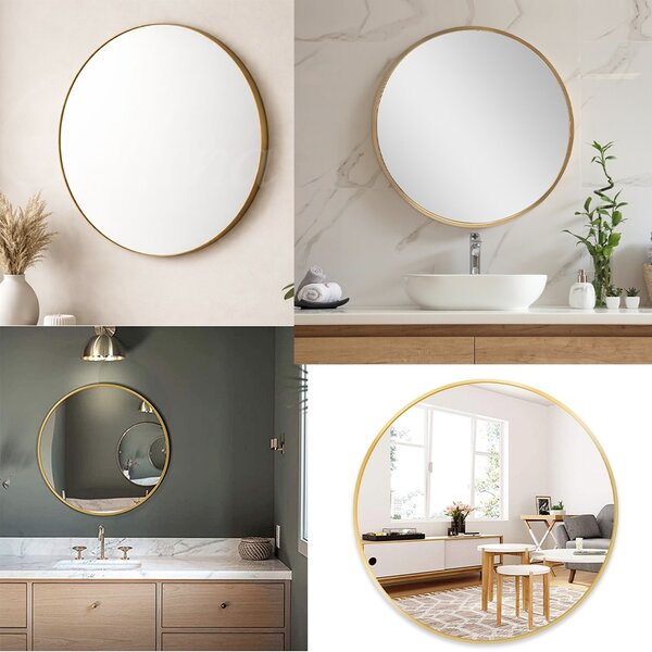 Oglinda eleganta de perete rotunda Pufo Glam cu rama decorativa, oglinda minimalista pentru baie, hol, dormitor, living sau dressing, Ø 50 cm, auriu