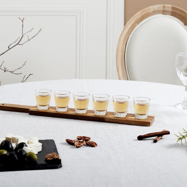 Set 6 pahare pentru shoturi 30 ml Pufo Drink cu suport din lemn de acacia, tava servire tip paddle pentru degustari, lichior, tuica, tequila, whiskey si bauturi spirtoase