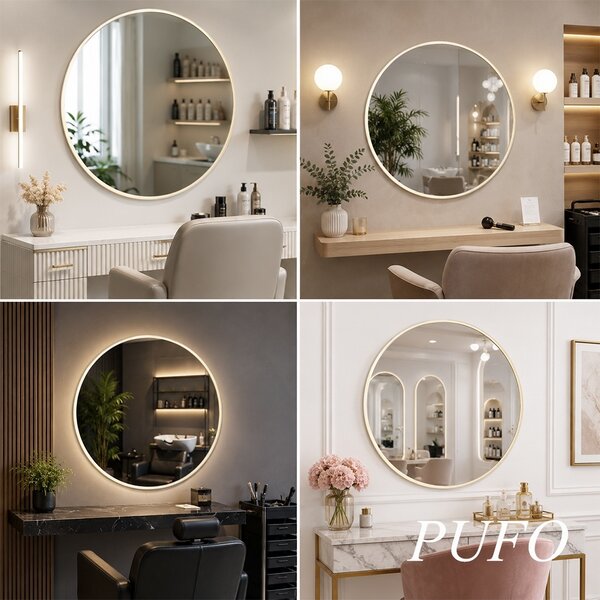 Oglinda eleganta de perete rotunda Pufo Glam cu rama decorativa, oglinda minimalista pentru baie, hol, dormitor, living sau dressing, Ø 50 cm, crem