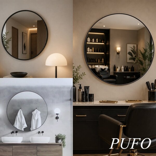 Oglinda eleganta de perete rotunda Pufo Glam cu rama decorativa, oglinda minimalista pentru baie, hol, dormitor, living sau dressing, Ø 50 cm, negru