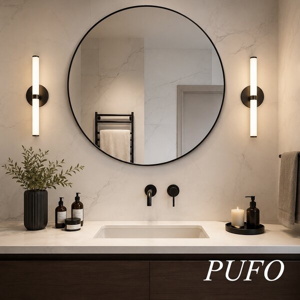 Oglinda eleganta de perete rotunda Pufo Glam cu rama decorativa, oglinda minimalista pentru baie, hol, dormitor, living sau dressing, Ø 50 cm, negru