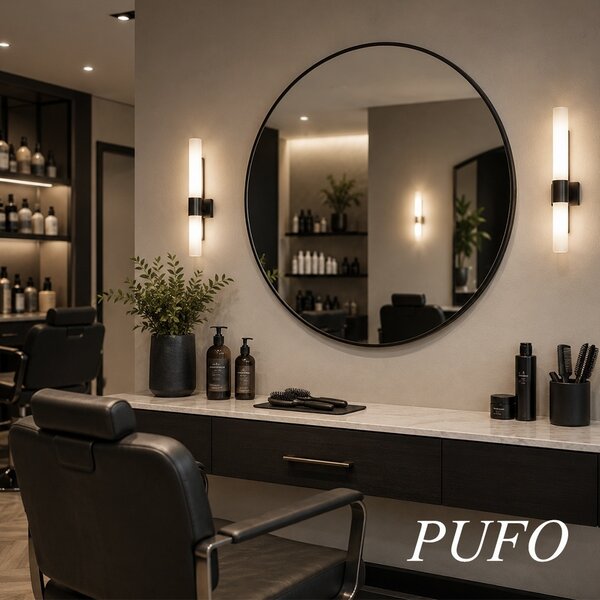 Oglinda eleganta de perete rotunda Pufo Glam cu rama decorativa, oglinda minimalista pentru baie, hol, dormitor, living sau dressing, Ø 50 cm, negru
