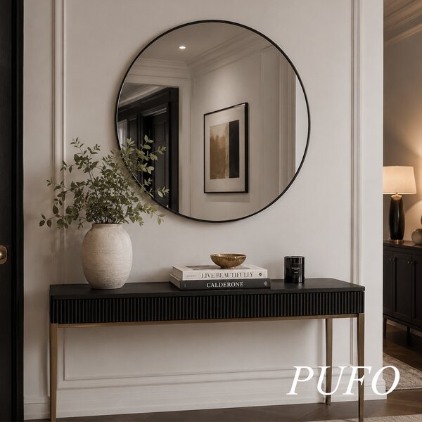 Oglinda eleganta de perete rotunda Pufo Glam cu rama decorativa, oglinda minimalista pentru baie, hol, dormitor, living sau dressing, Ø 50 cm, negru