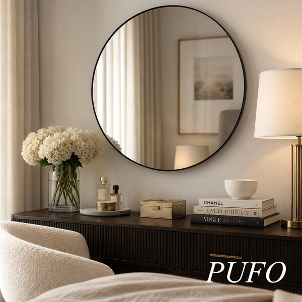 Oglinda eleganta de perete rotunda Pufo Glam cu rama decorativa, oglinda minimalista pentru baie, hol, dormitor, living sau dressing, Ø 50 cm, negru