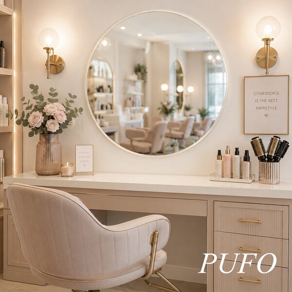 Oglinda eleganta de perete rotunda Pufo Glam cu rama decorativa, oglinda minimalista pentru baie, hol, dormitor, living sau dressing, Ø 50 cm, crem