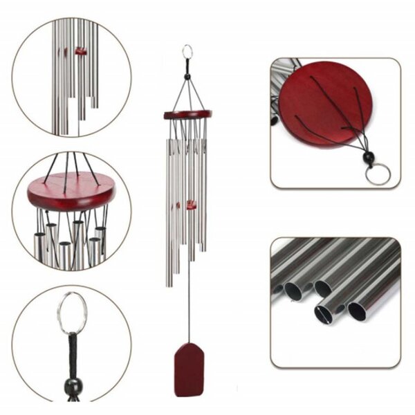 Clopotel de vant cu 6 tuburi sonore metalice argintii pentru casa sau gradina, model Feng-Shui