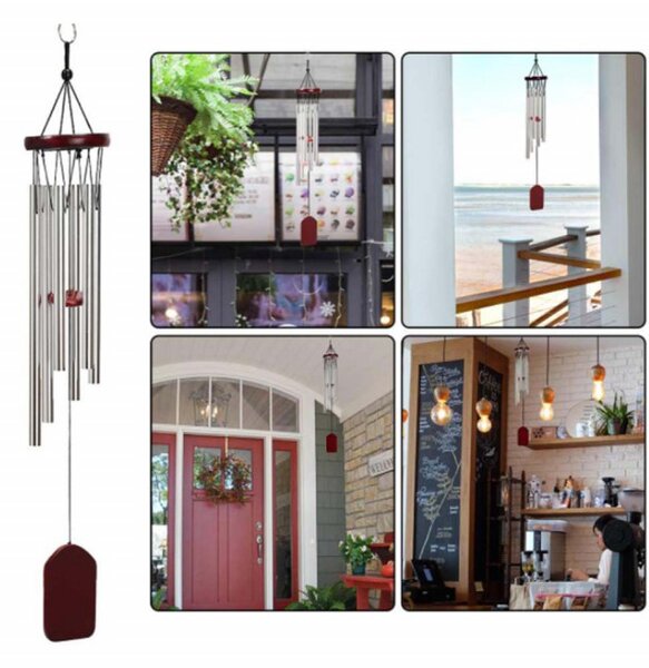 Clopotel de vant cu 6 tuburi sonore metalice argintii pentru casa sau gradina, model Feng-Shui