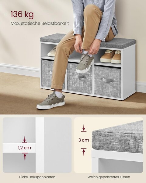 Bancuta cu spatiu depozitare si pantofar Vasagle Gri 87x30.3x48 cm