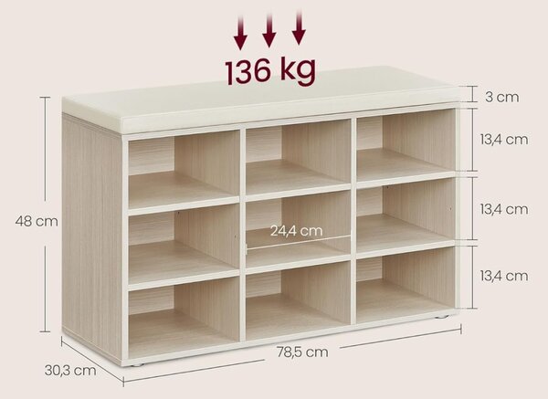 Bancuta cu spatiu depozitare si pantofar Vasagle Alb 78.5x30.3x48 cm