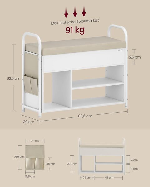 Bancuta cu spatiu depozitare si pantofar Vasagle Alb 80.6x30x62.5 cm
