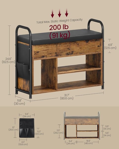 Bancuta cu spatiu depozitare si pantofar Vasagle Maro 80.6x30x62.5 cm