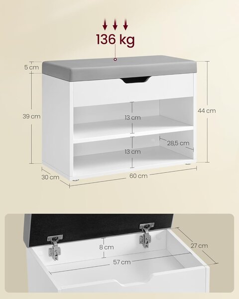 Bancuta cu spatiu depozitare si pantofar Vasagle Alb Gri 60x30x44 cm