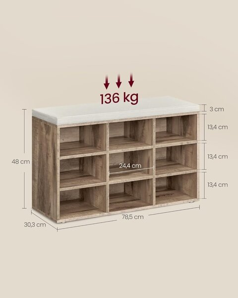 Bancuta cu spatiu depozitare si pantofar Vasagle Stejar 78.5x30.3x48 cm